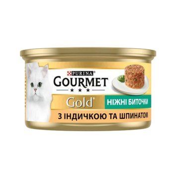 Вологий корм Gourmet Gold Ніжні биточки з індичкою та шпинатом (консерва) 7613035442245 фото